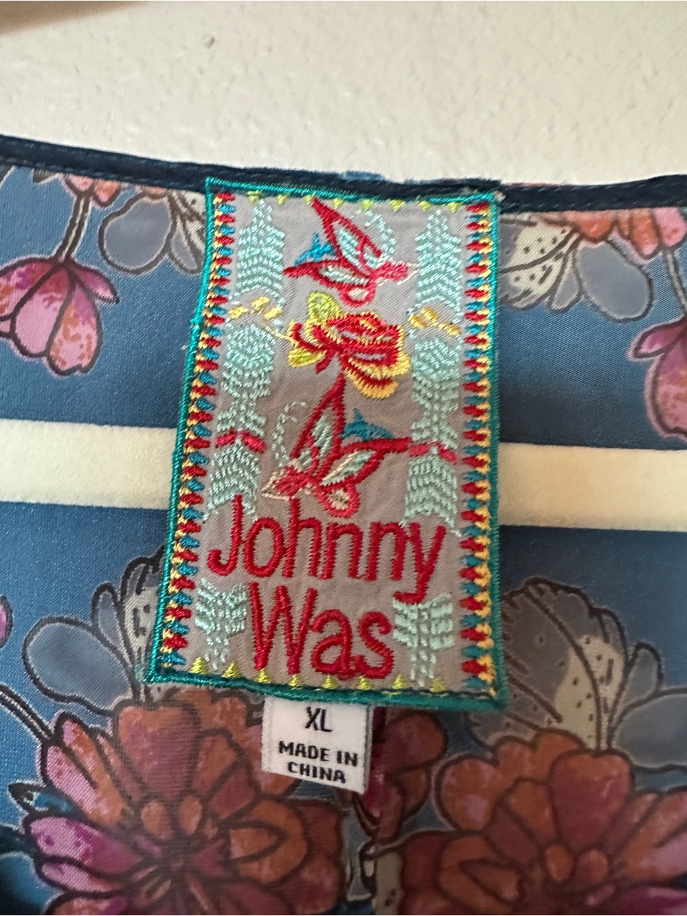 Johnny Was Teal Velvet Tunic with Multicolor Embroidery - Picture 3 of 3
